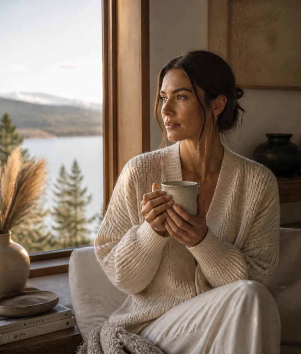 A woman resting with a warm drink at golden hour